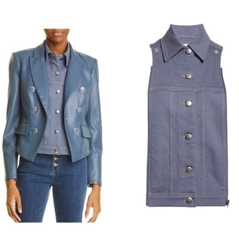 Veronica Beard Blue Double-Breasted Leather Jacket